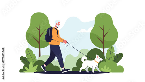 Cheerful elderly man with a backpack enjoys a leisurely walk with his dog in a lush green park, promoting healthy aging and companionship.
