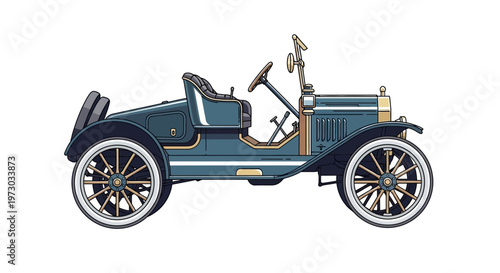 A detailed illustration of a vintage car in classic blue and gold colors.