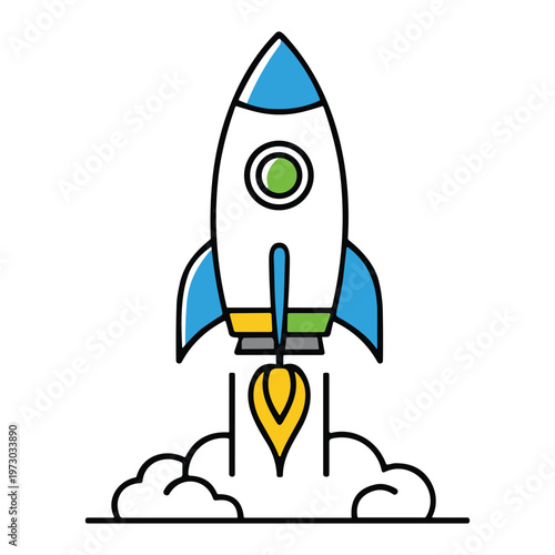 Cartoon rocket ship taking off with smoke trail