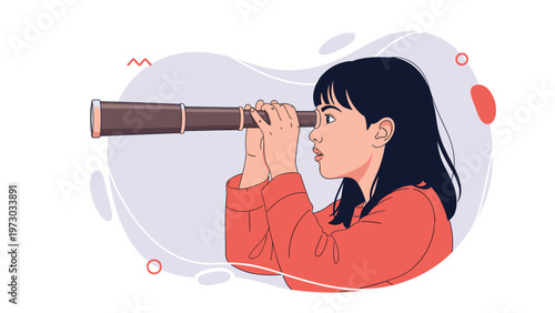 Curious young girl with long dark hair looking intently through a vintage-style telescope, exploring, observing, and discovering something new.