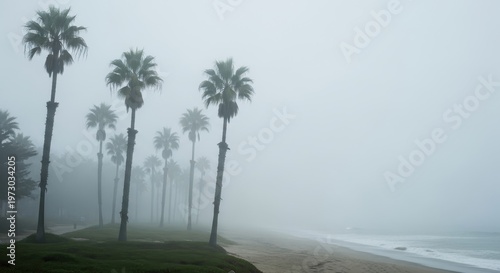Misty Morning on the California Coast with Palm Trees and Ocean Waves.
