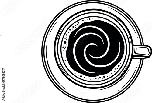 Vector Illustration of a Black Coffee Cup from Above with Swirl Foam, Hand Drawn Ink Style Isolated on White Background for Cafe, Morning, and Breakfast Graphic Design Projects