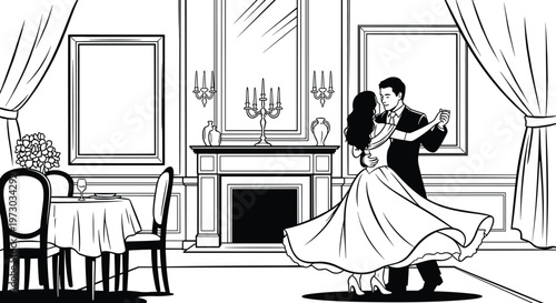 Black and white of couple dancing in room ballroom dance