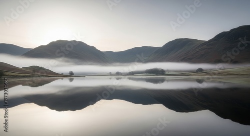Misty Morning Reflection on a Serene Lake in the Mountains.