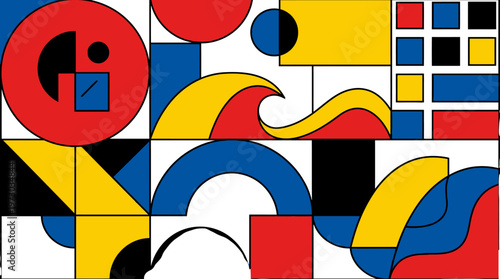 Bold Abstract Geometric Composition of Primary Colors and Dynamic Shapes.