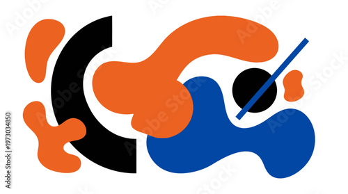 Abstract colorful amoeba shapes with orange, blue and black curves forming a modern graphic composition.