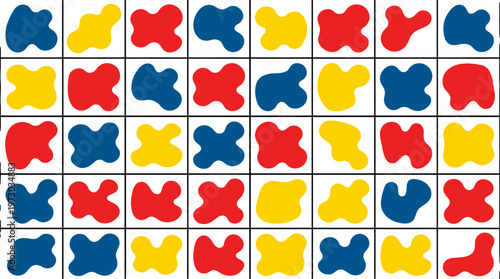 Colorful Repeating Bowtie Pattern with Blue Red and Yellow Shapes.