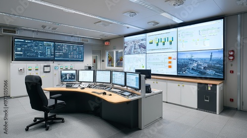 Modern industrial control room with large monitor wall and workstation for monitoring and managing complex infrastructure systems