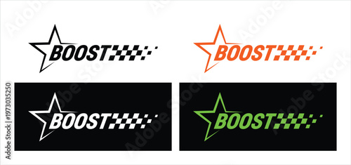 Boost racing typography set with checkered motion trail, turbo power text for automotive ads, performance marketing graphics, car tuning branding, high speed promotion design. Vector illustration