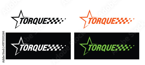 Torque racing logo set with star and checkered motion, engine force typography for automotive engineering graphics, performance tuning visuals, motorsport technical branding. Vector illustration