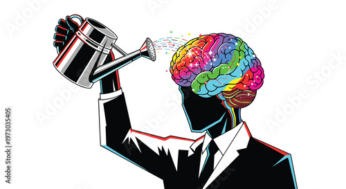 A silhouetted person in a suit waters a vibrant, rainbow-colored brain with sparkling water from a watering can.
