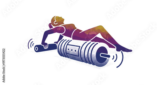 A person lies on their back using a large foam roller for self-massage with sound waves emanating from it.