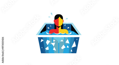 A person with a two-toned face is submerged in a blue ice bath with fragmented ice shapes.