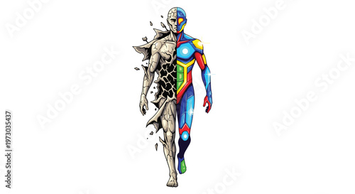 A human figure transforms from cracked stone to a colorful cyborg while walking forward on a white background.