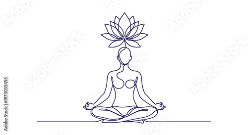 A person sits cross-legged in a meditative pose with a lotus flower above their head on a white background.