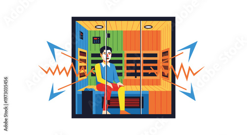 A man sits inside a colorful sauna with heat waves and arrows emanating from its sides.