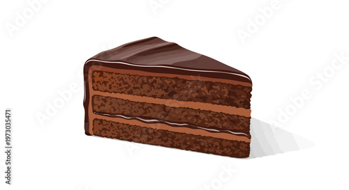 A delicious slice of chocolate cake with ganache frosting.