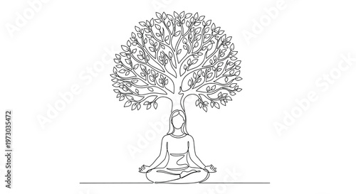 A continuous line drawing depicts a person meditating in a lotus position with a large tree growing from their head on a white background.