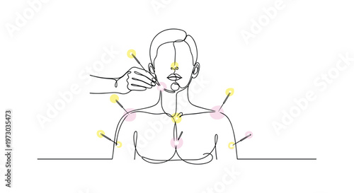 A continuous line drawing depicts a faceless person's upper torso receiving acupuncture with glowing, colorful needles on a white background.