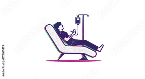 A stylized illustration with a grainy texture shows a person reclining in a chair receiving an intravenous drip from a stand.
