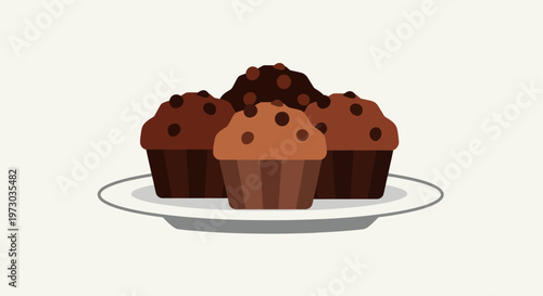 Four chocolate chip muffins on a plate.