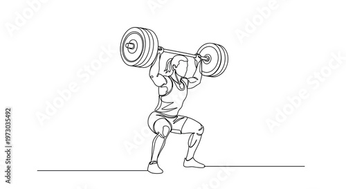 A continuous line drawing shows a person lifting a heavy barbell overhead in a squat position on a white background.