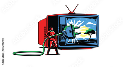 A retro-styled illustration depicts a person in a red suit pulling a large power plug from an old television set displaying a nature scene.