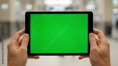 Hands holding digital tablet with green screen in the airport crowd