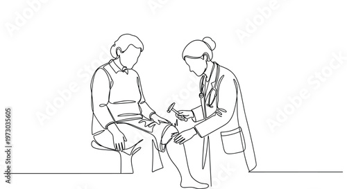 A medical professional checks an elderly patient's knee reflex with a hammer in a continuous line drawing against a white background.