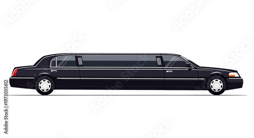 A sleek black limousine with tinted windows on a white background.