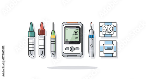 A collection of six home blood testing devices including tubes, a lancing device, a glucose meter, and test strips is arranged horizontally on a white background.