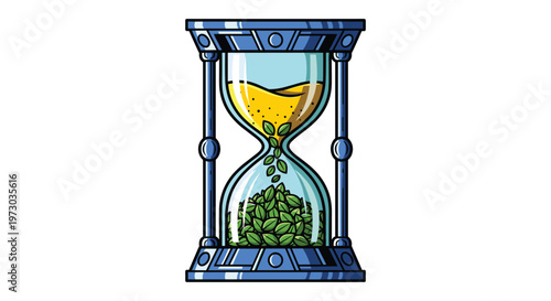A stylized blue-framed hourglass with yellow granular material falling into green leafy particles stands centrally against a white background.