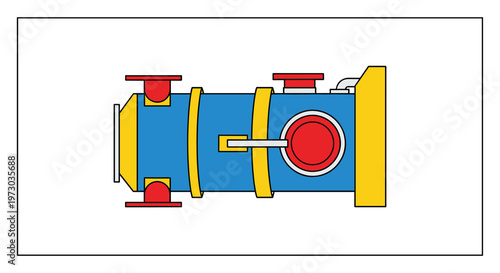 A geometric illustration of a blue hyperbaric oxygen chamber with yellow bands and red attachments is displayed on a white background.