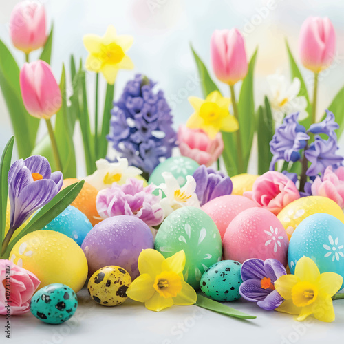 Colorful Easter Eggs and Flowers Arrangement.