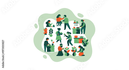 A vibrant collection of small, stylized human figures engages in gardening, cooking, and social interaction on an abstract light green background.