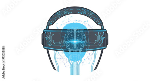 A futuristic brain-computer interface headband with glowing blue circuits is worn over a translucent head silhouette with a bright blue brain on a white background.