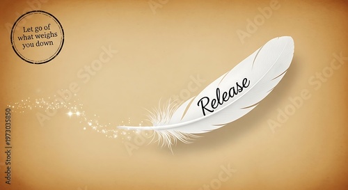 White Feather with Release Text and Light Against Brown Background