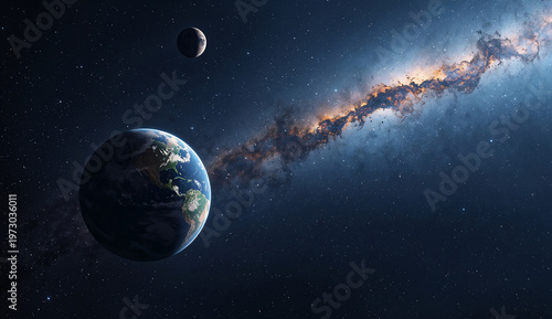 Earth and the Moon float in space, with a vivid Milky Way band stretching diagonally behind them against a backdrop of countless stars.