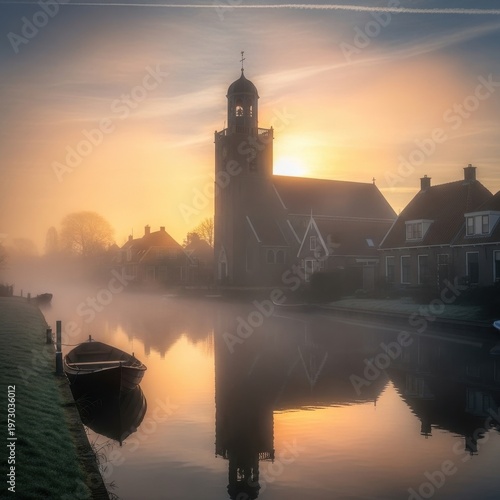 Misty morning sunrise over a tranquil village church by the water.