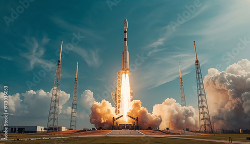 A rocket launches amidst billowing smoke and flames, ascending into a clear blue sky. Four towers surround the launch pad, evoking power and excitement.