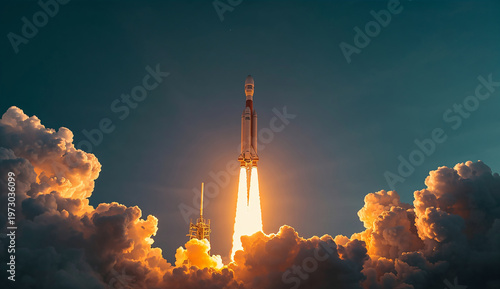 A powerful rocket launches into the sky, illuminating the clouds below with fiery exhaust. The scene exudes excitement and a sense of exploration.