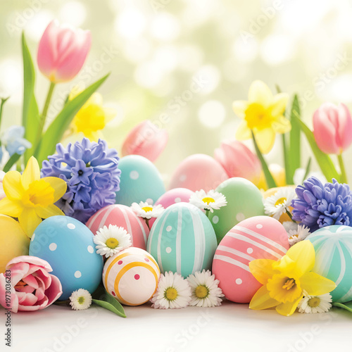 Colorful Easter Eggs and Flowers Arrangement.