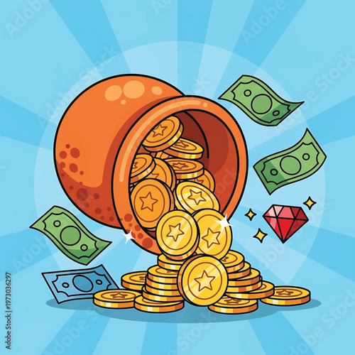 Coins Spilling from Orange Pot.
