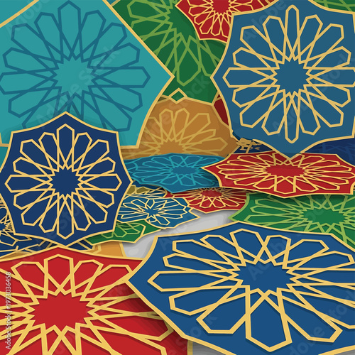 Colorful flower designs with gold lines.