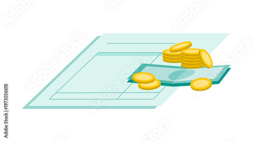 Flat vector illustration of business invoice with cash and coins representing financial transaction management cost reduction and budget optimization for corporate accounting services