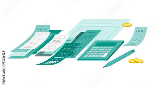 Professional vector illustration of receipts invoice and calculator for tax return preparation and bookkeeping workflow showing financial calculation and expense tracking for small business