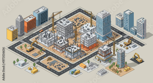 Isometric city construction site with buildings, cranes, and machinery, urban development concept.