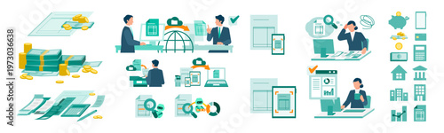 Comprehensive vector illustration set of invoice processing for business workflow optimization showing cloud based accounting solutions with automated payment and financial data management.