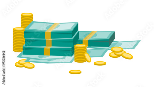 High volume of cash money with bundles of banknotes and coins for wealth management investment strategy and capital accumulation representing financial success and budget planning
