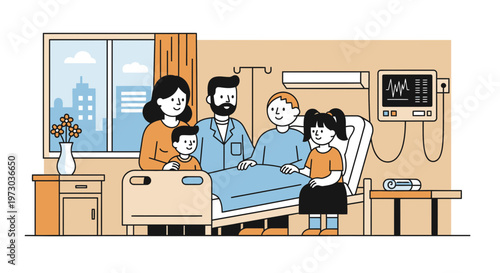 Family Visiting Patient In Hospital Room, Caring Concept, Medical Care Illustration